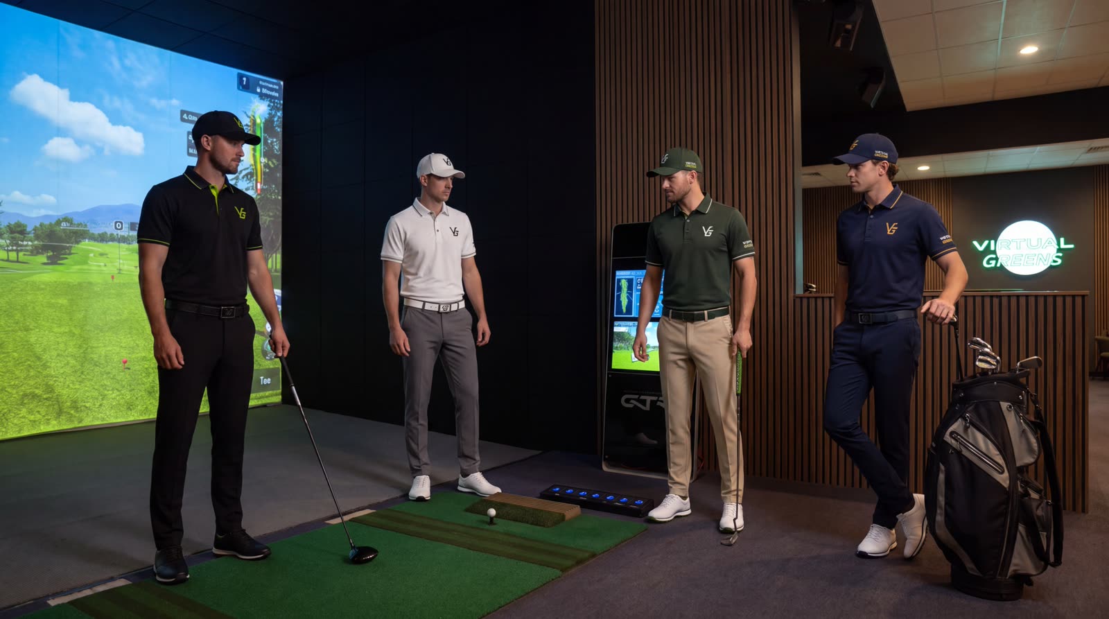 Four golfers in a Virtual Greens simulator bay, one lining up a drive on the screen